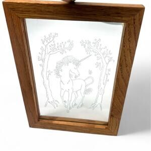 VINTAGE 80's Unicorn on Clear Glass Framed Wall Art Picture 1980's